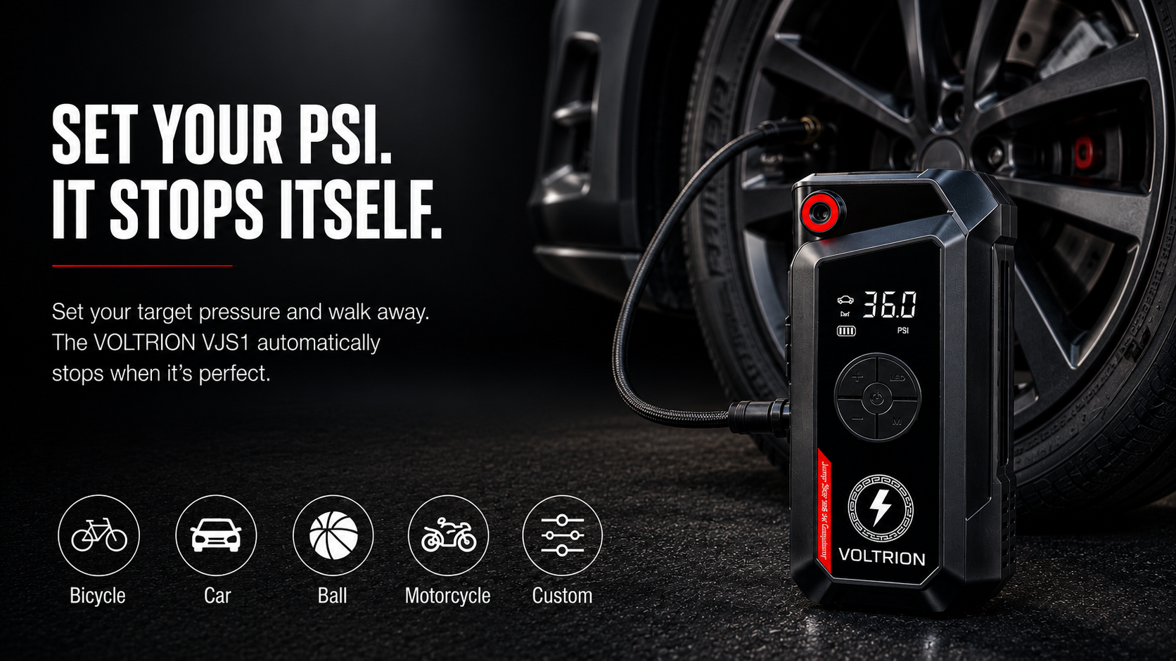 VOLTRION 150 PSI digital air compressor inflating a car tire with auto shut-off